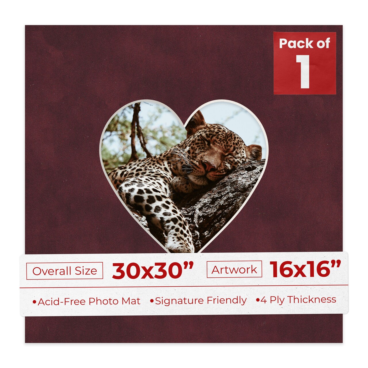 Dark Red Suede Mat Board for 30x30 Frames - Heart Opening for 16x16 Photos